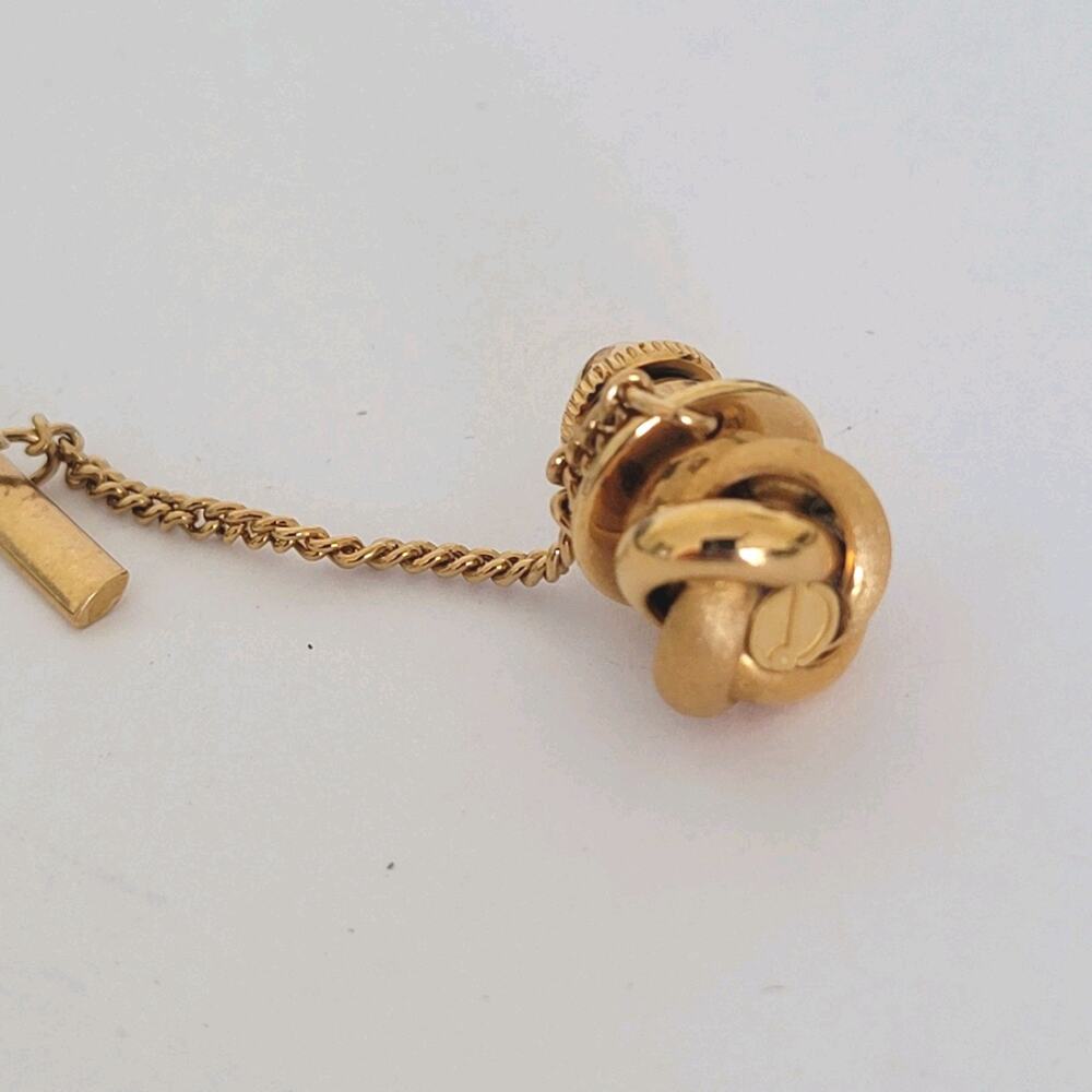 Dunhill Tie Necktie Pin Tack Clasp Knot Gold Tone Logo Designer Round Vintage